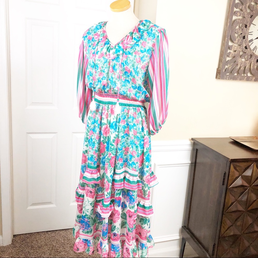Vintage 80s Diane Freis Georgette Ruffle Dress